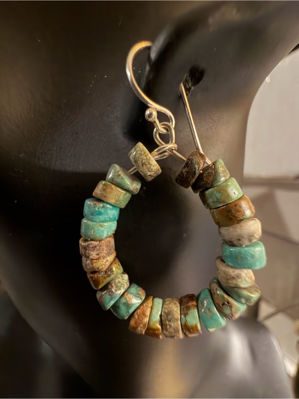 Beautiful Sterling Dangle Turquoise Heishi beads hoop earrings New